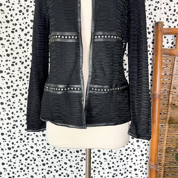 NEW Ming Wang | Black Knit Faux Leather Trim Stud Long Sleeve Cardigan Jacket XS - Picture 4 of 11